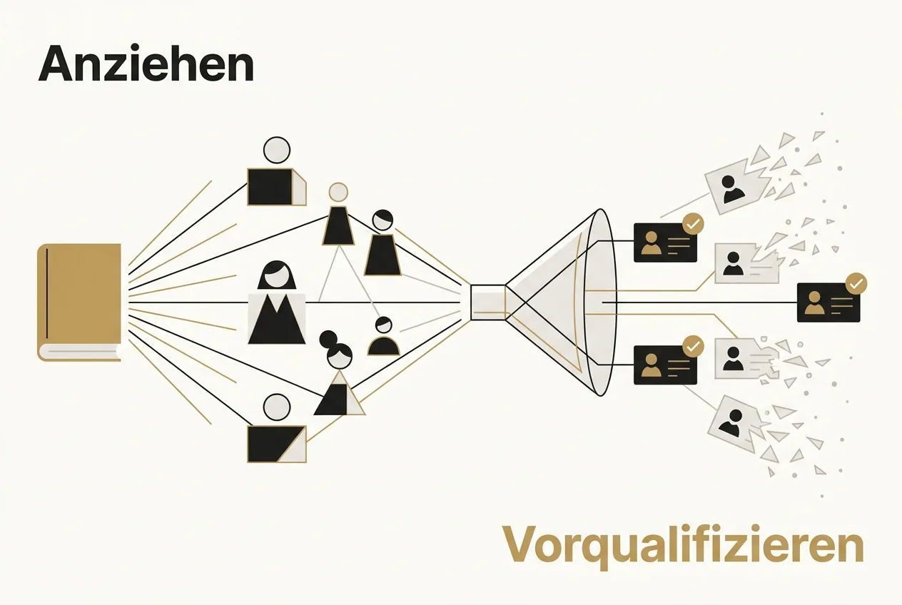 Illustration eines Buchs, das Leser anzieht und sie in einem Trichter zu vorqualifizierten B2B-Kontakten filtert.