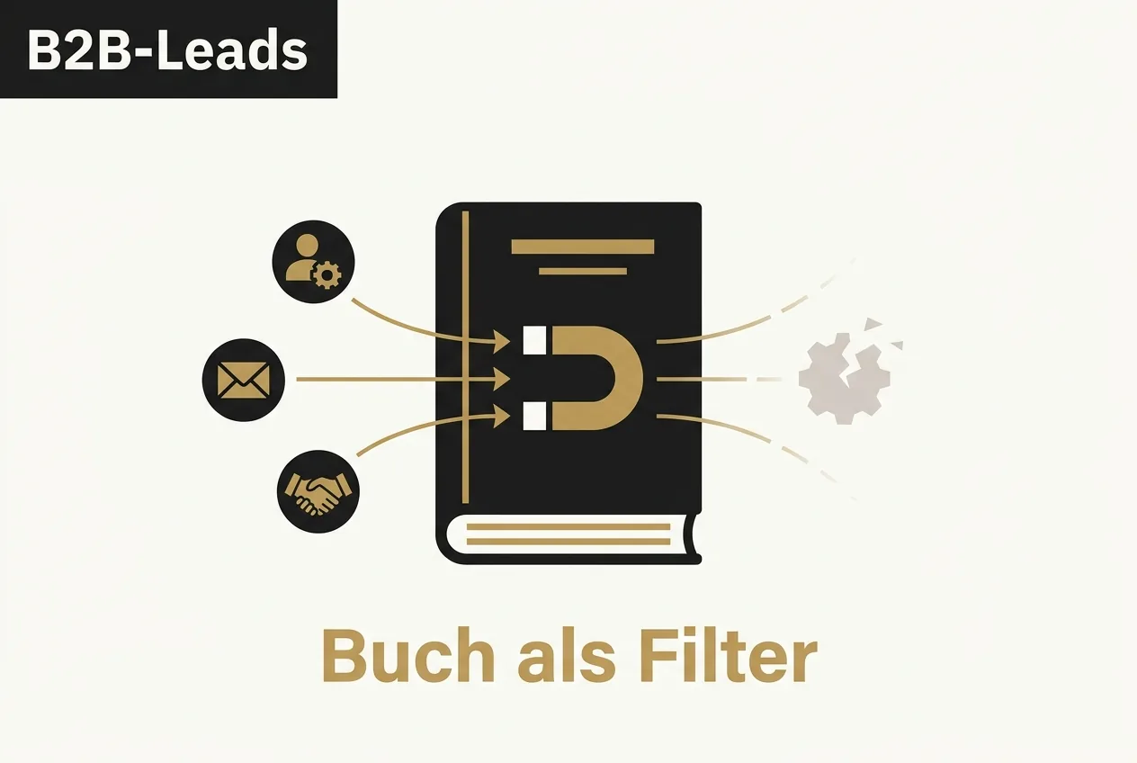 Flache Vektor-Illustration eines Buchs als Magnet, das passende B2B-Kontakte anzieht und falsche herausfiltert, in Obsidian, Elfenbein und Gold.