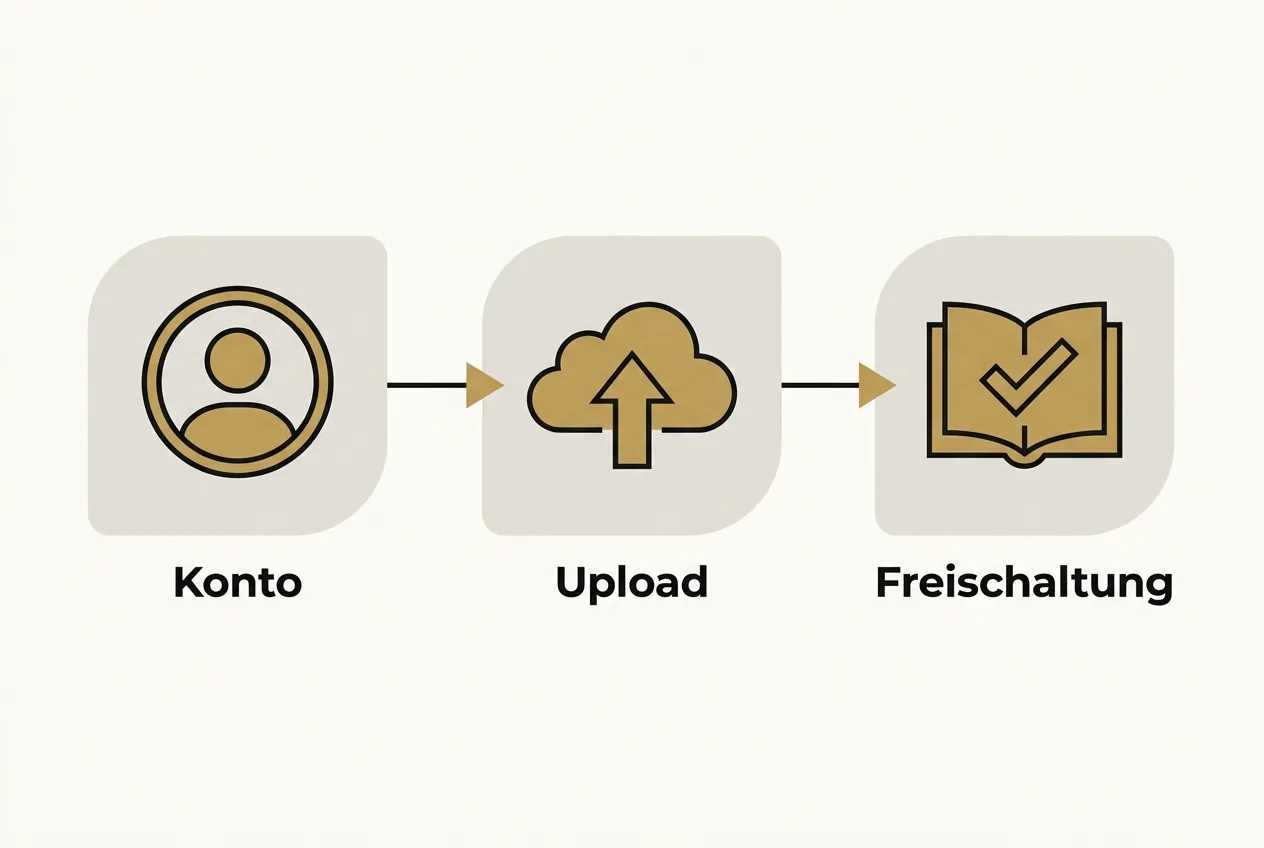 Prozessdiagramm der drei KDP-Schritte Konto anlegen, Manuskript hochladen und Freischaltung bei Amazon