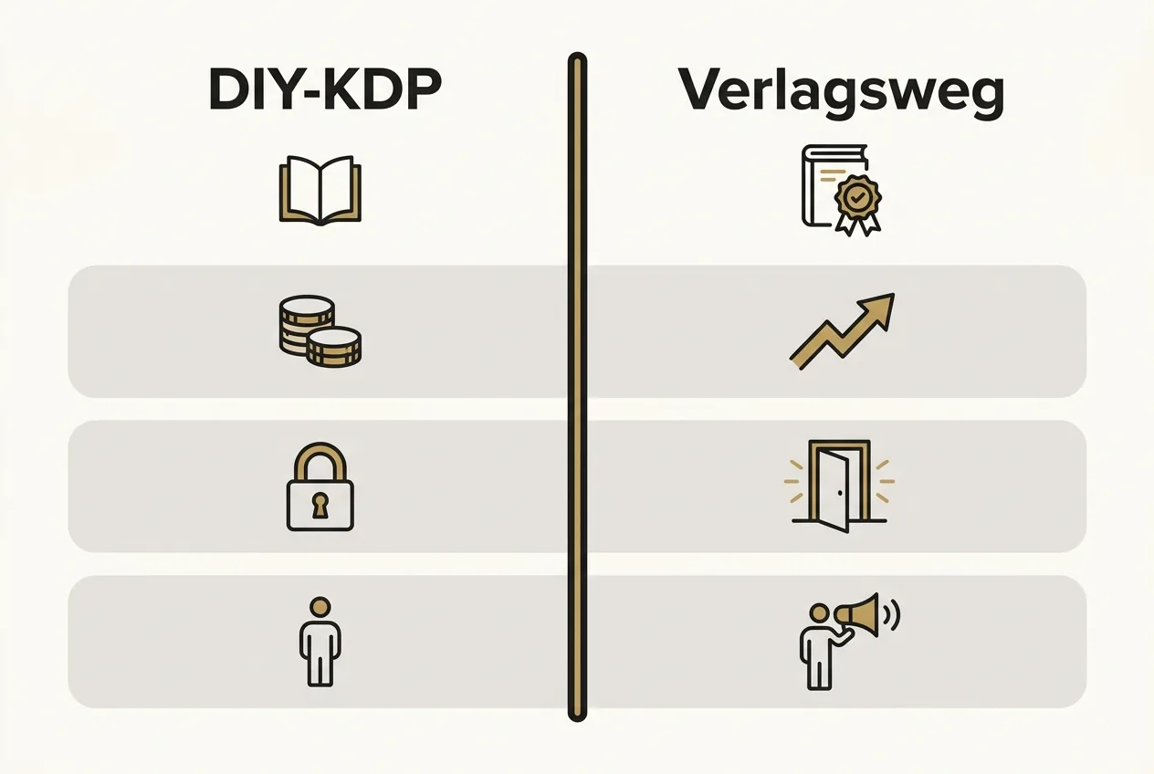 Vergleichsraster DIY-KDP gegenüber Verlagsweg mit Symbolen für Kosten, Rechte und Reichweite