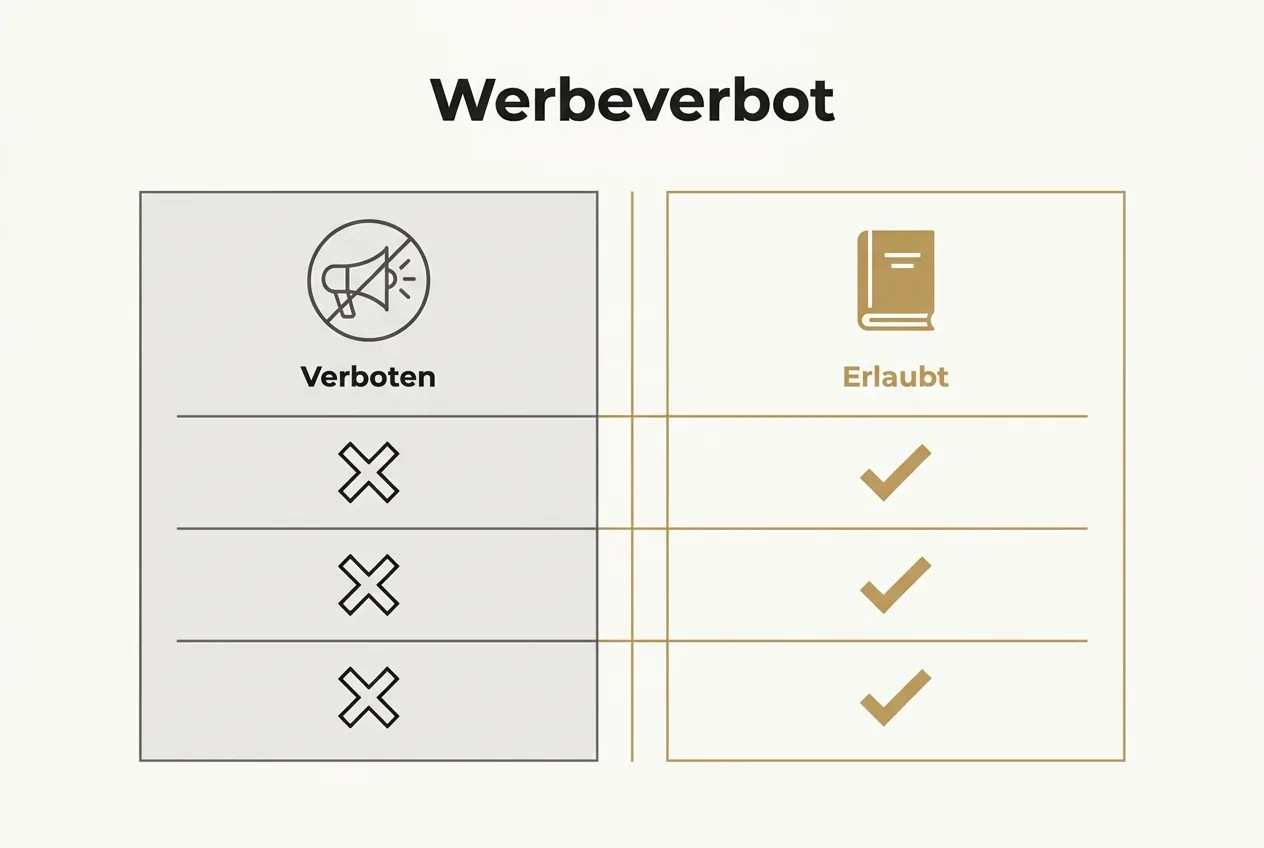 Vergleichsraster berufsrechtliches Werbeverbot versus erlaubtes Fachbuch für reglementierte Berufsgruppen