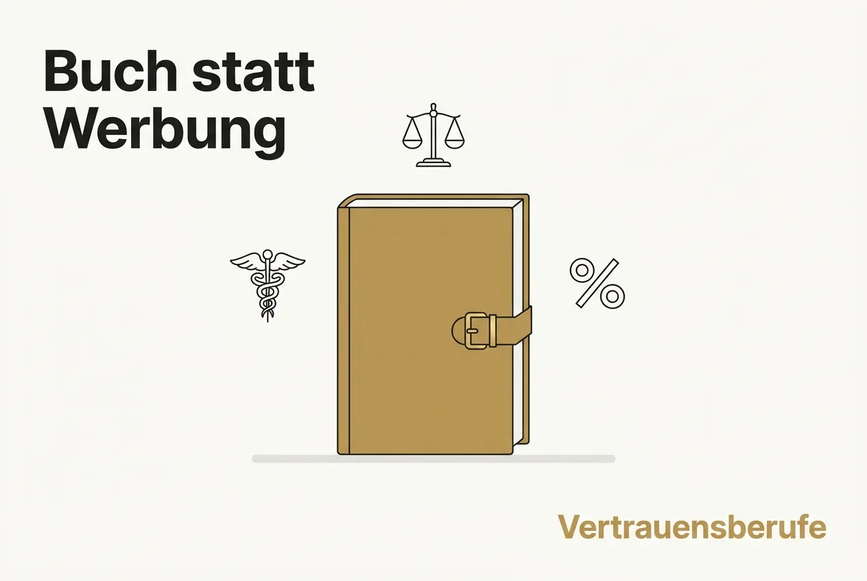Goldenes Fachbuch als Vertrauensanker mit Symbolen für Steuerberater, Ärzte und Anwälte auf elfenbeinfarbenem Hintergrund