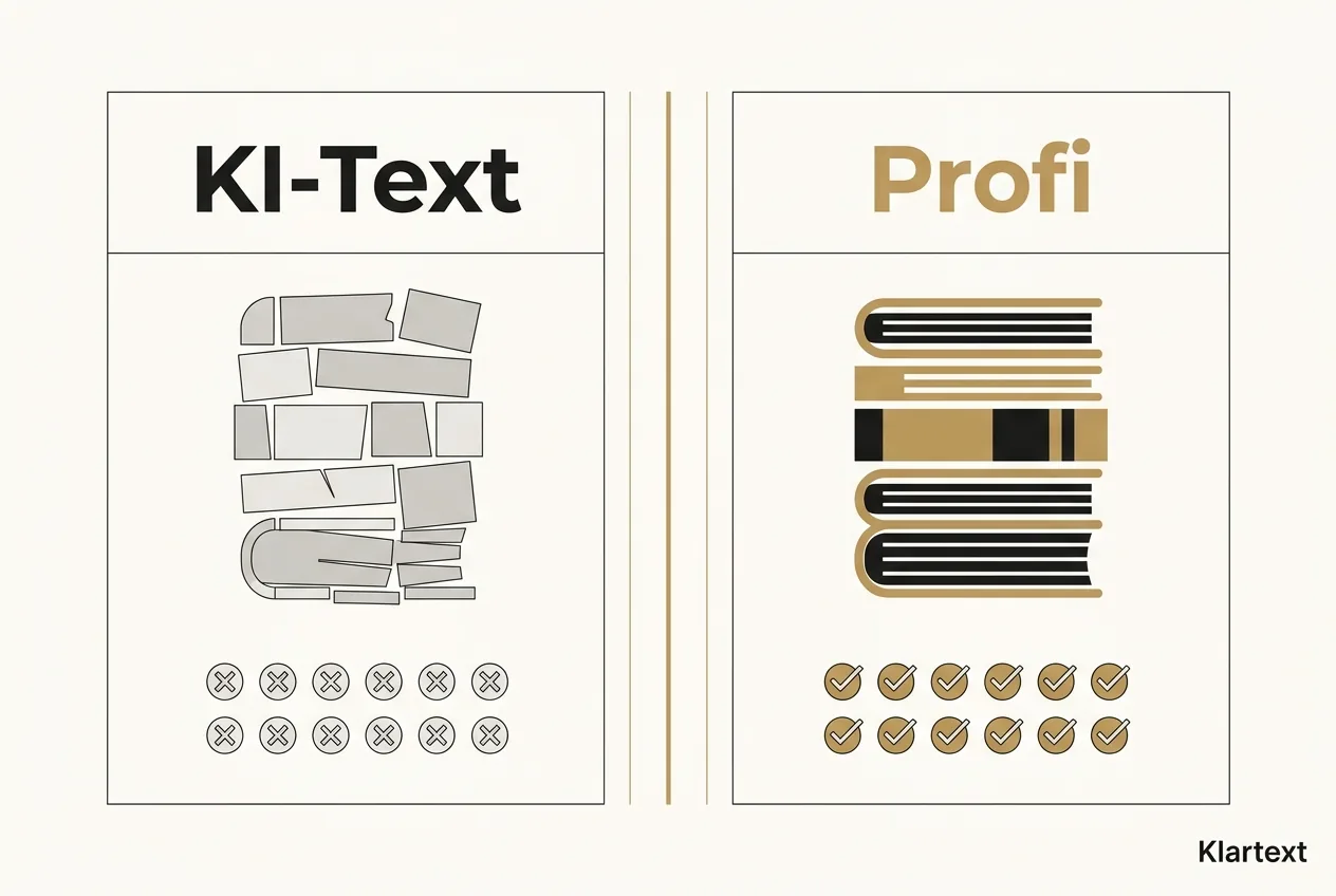 Vektor-Vergleichsraster: fragmentierter KI-Text links gegen sauber gesetzten Profitext rechts, in Ivory, Obsidian und Gold