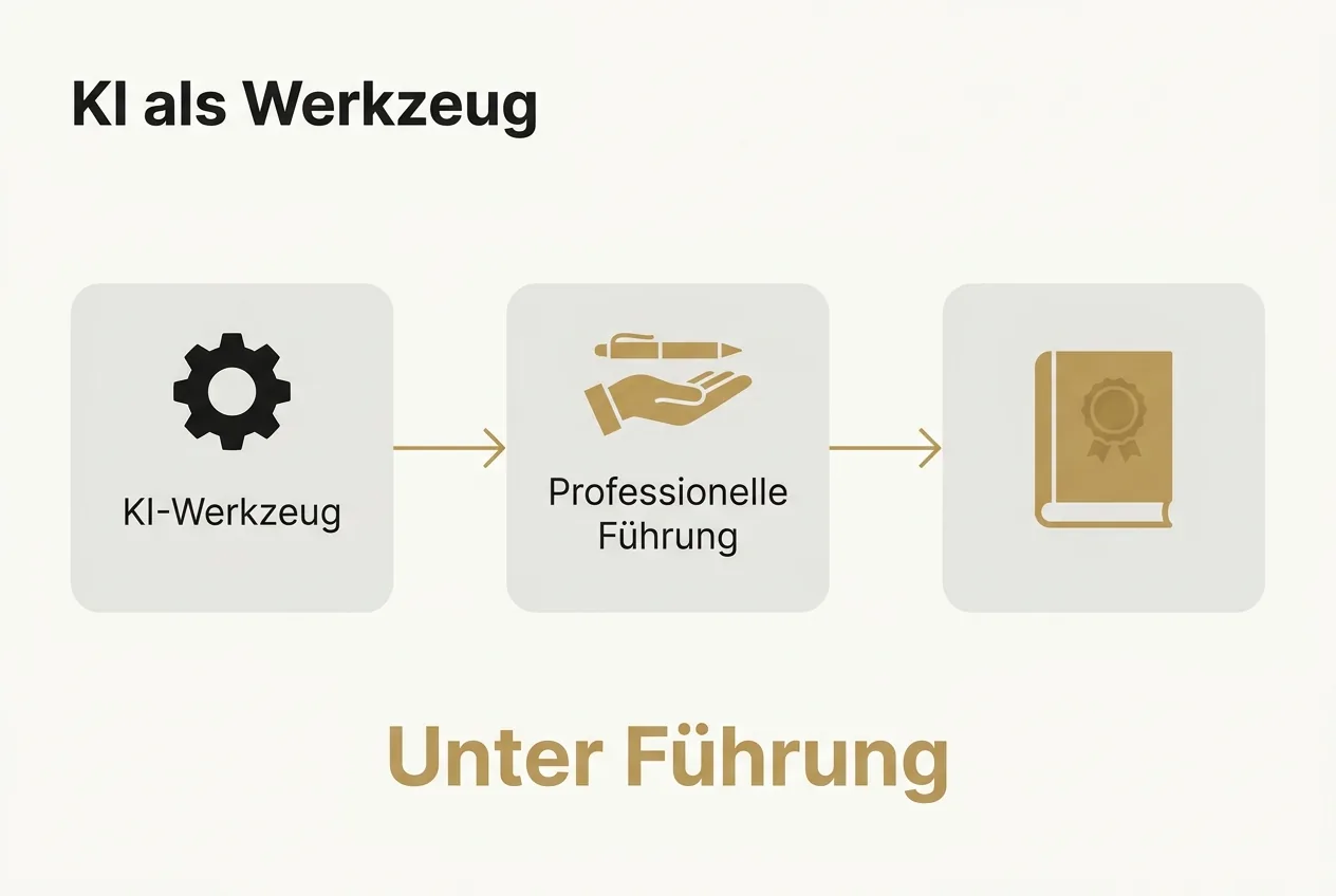 Vektor-Prozessfluss in drei Stationen: KI-Werkzeug, professionelle Führung und fertiges Buch, verbunden durch goldene Pfeile