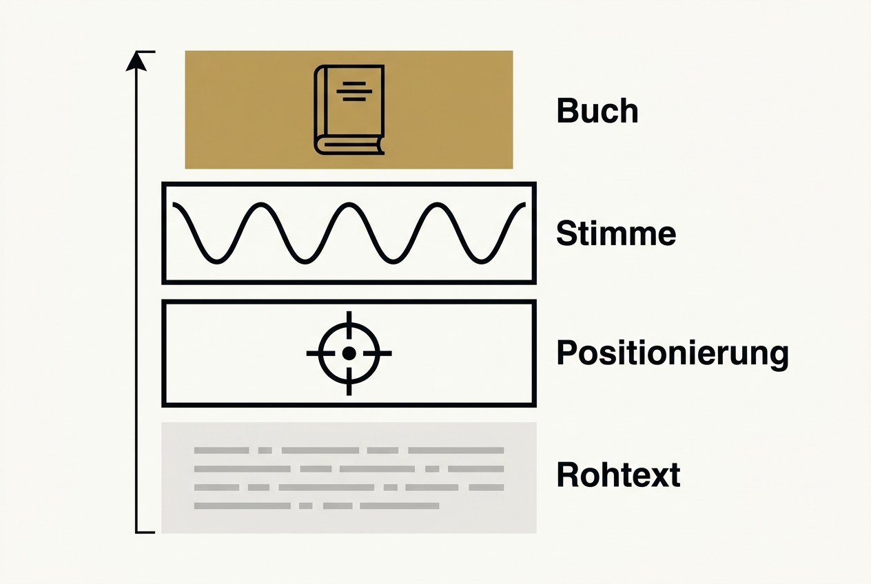 Vier übereinanderliegende Schichten von unten nach oben: ein grauer Textblock als Rohtext, darüber ein Zielkreuz für die Positionierung, dann eine Wellenlinie für die eigene Stimme und obenauf ein goldenes Buch.