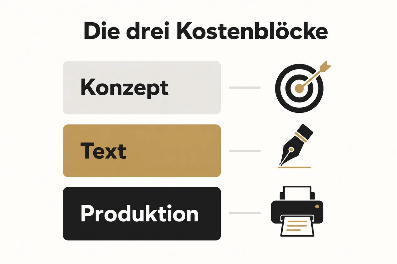 Infografik Die drei Kostenblöcke: drei gestapelte Blöcke mit Konzept, Text und Produktion, rechts daneben Zielscheibe, Schreibfeder und Drucker