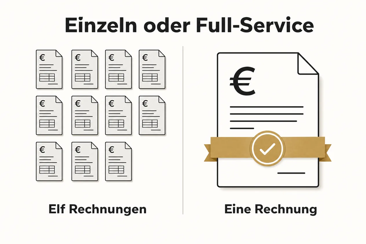 Vergleichsgrafik Einzeln oder Full-Service: elf Einzelrechnungen mit Euro-Zeichen links, rechts eine Gesamtrechnung mit goldener Banderole und Häkchen