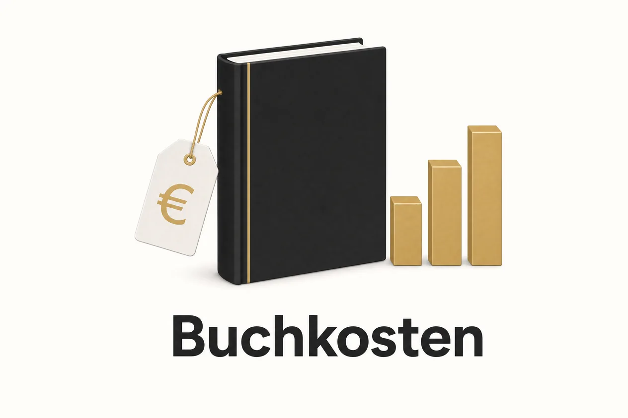 Flache Vektorillustration: schwarzes Buch mit Euro-Preisschild und aufsteigenden goldenen Balken, darunter der Schriftzug Buchkosten