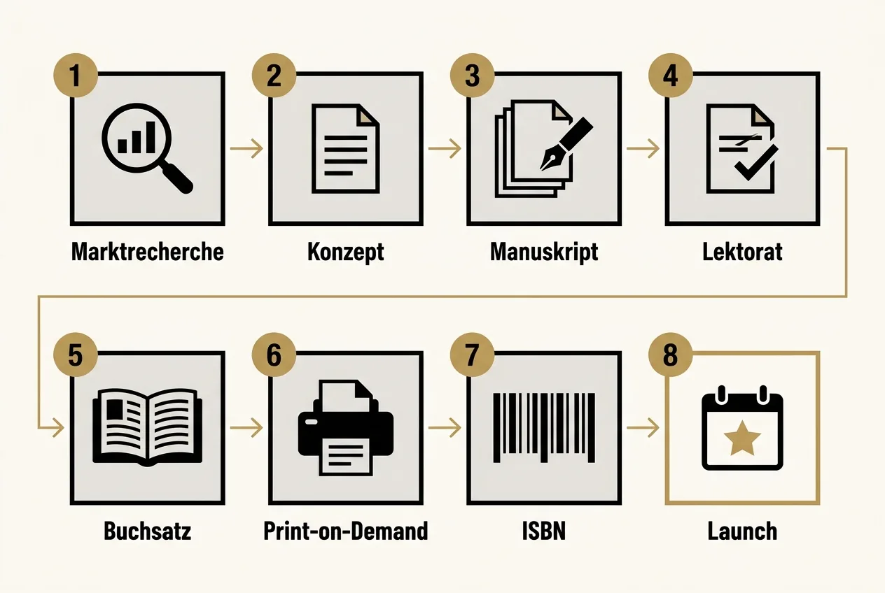 Prozess-Flow mit acht nummerierten Stationen in zwei Reihen von je vier Feldern, beschriftet mit Marktrecherche, Konzept, Manuskript, Lektorat, Buchsatz, Print-on-Demand, ISBN und Launch; Pfeile verbinden die Felder in dieser Reihenfolge, das achte Feld ist golden umrandet