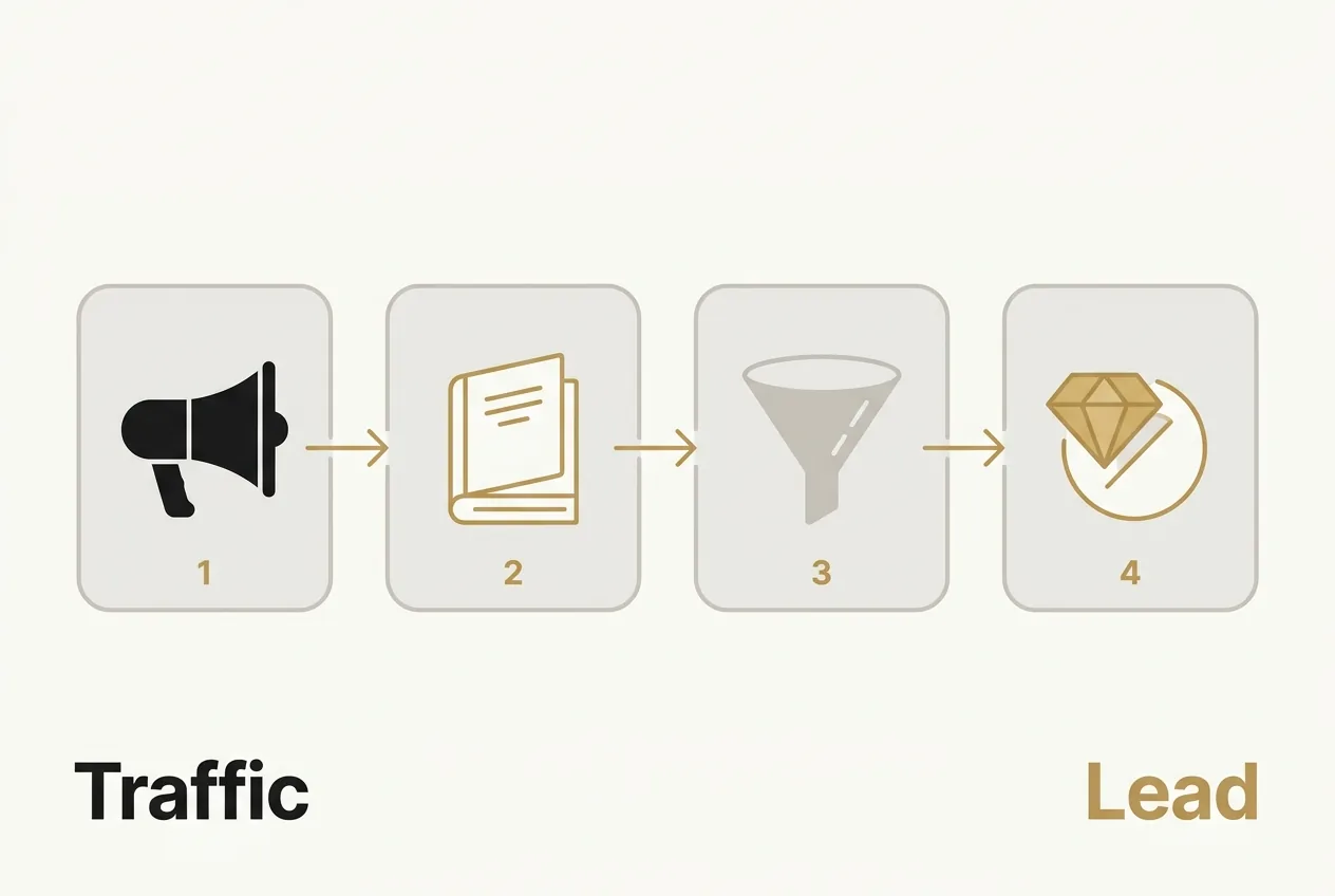 Prozessablauf der Buchfunnel-Stufen von der Traffic-Quelle über Buch und Filter bis zur Leadübergabe