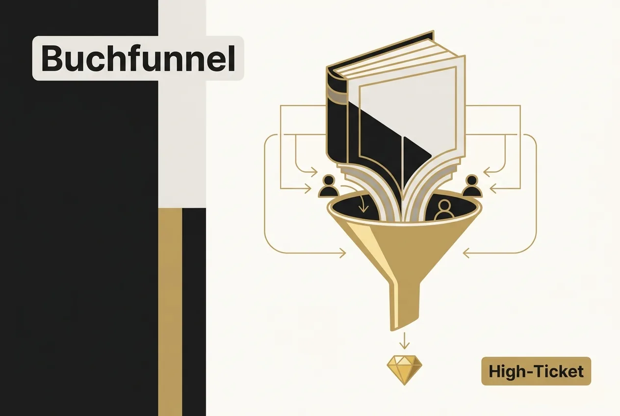 Editorial Vektor-Illustration eines Buches, dessen Seiten sich zu einem goldenen Marketing-Funnel formen, als Leitmotiv für die Buch-Marketing-Strategie