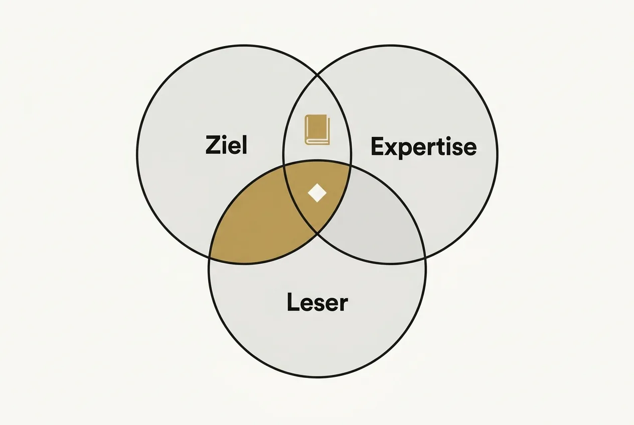 Venn-Diagramm aus drei Kreisen Ziel, Expertise und Leser, die sich in einem goldenen Schnittpunkt mit Buch-Icon treffen