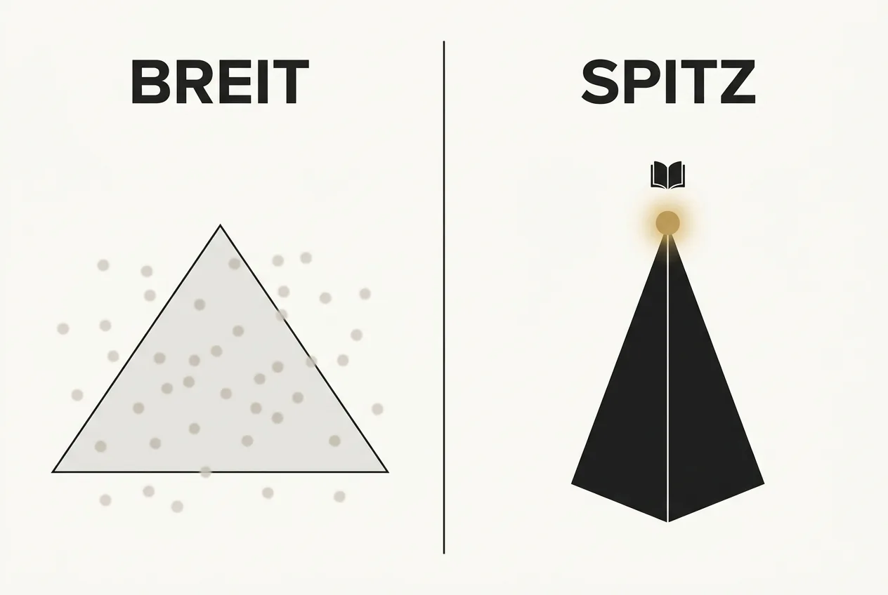 Vergleichsgrafik zweier Pyramiden, breites diffuses Thema links versus spitze fokussierte Nische mit goldenem Buch rechts
