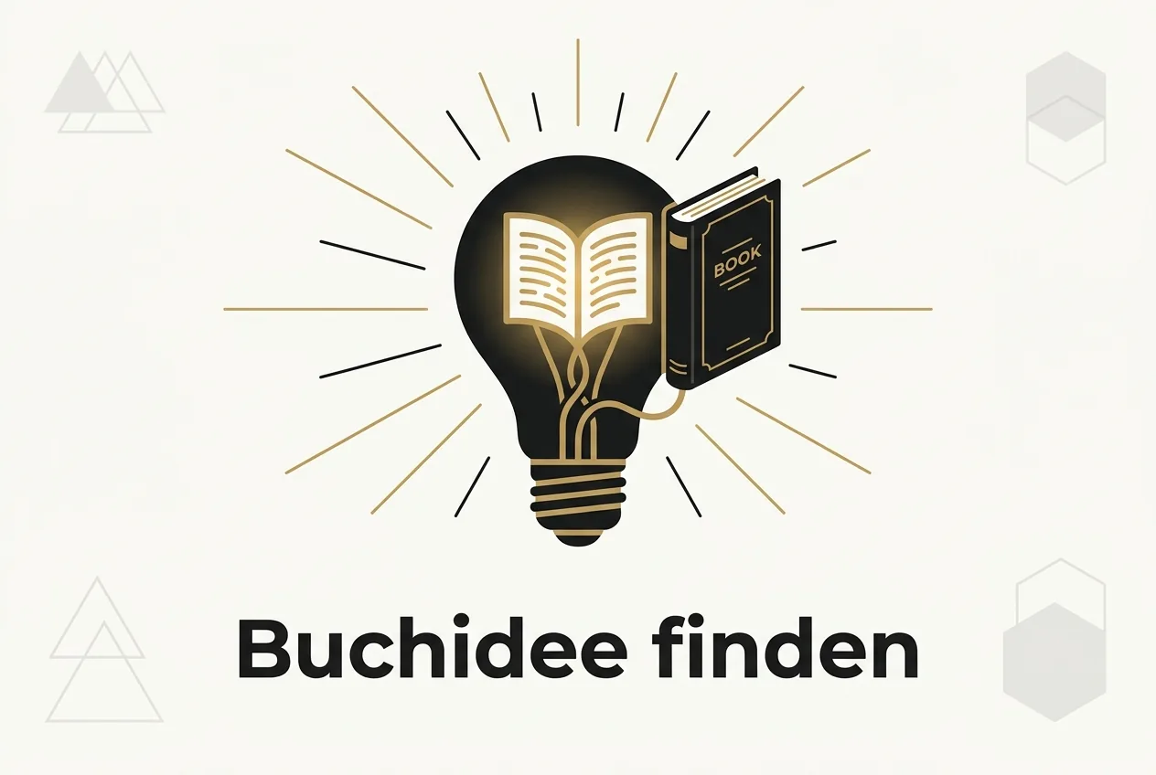 Flache Vektor-Illustration einer Glühbirne, die sich in ein aufgeschlagenes Buch verwandelt, mit dem Schriftzug Buchidee finden in Gold und Obsidian