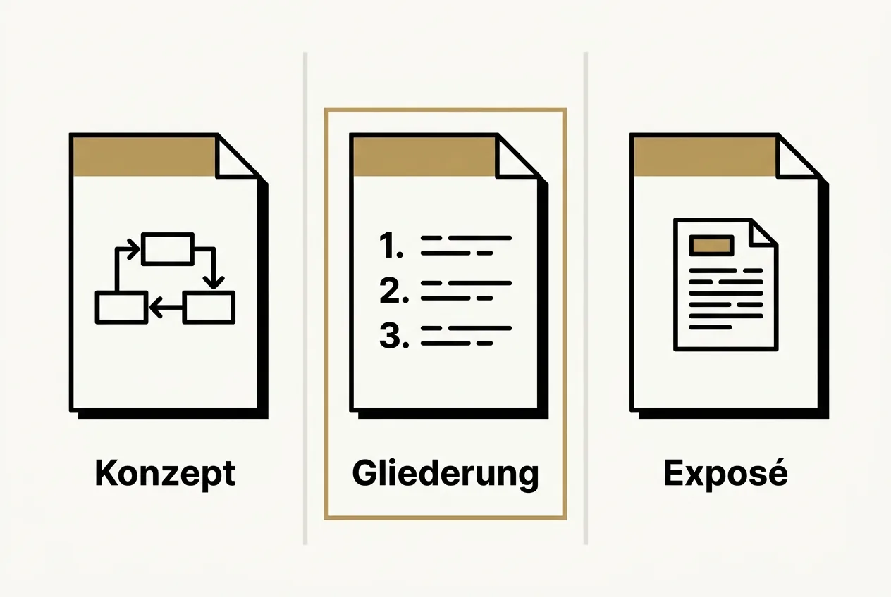 Drei nebeneinander liegende Dokumente mit den Labels Konzept, Gliederung und Exposé zur Abgrenzung