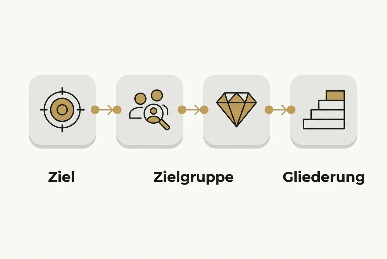 Vier verbundene Prozessschritte von Ziel über Zielgruppe und USP bis zur Gliederung