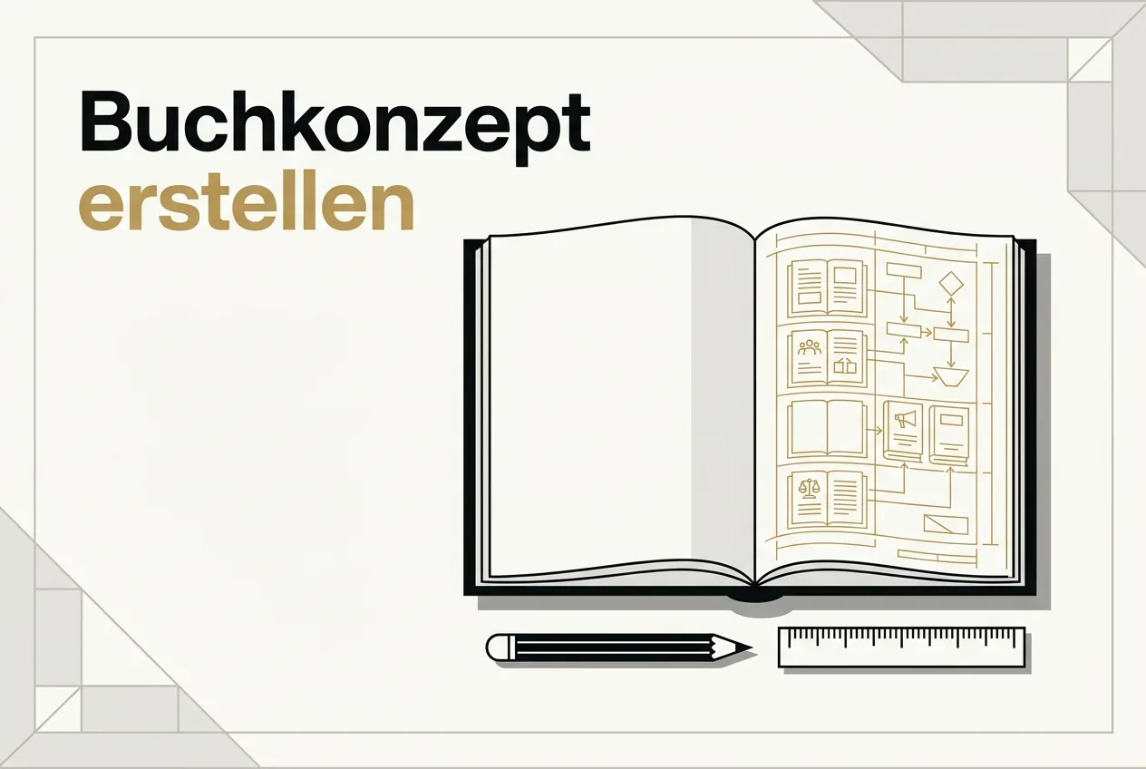Aufgeschlagenes Buch dessen Seite sich in einen goldenen Bauplan verwandelt, Titel Buchkonzept erstellen