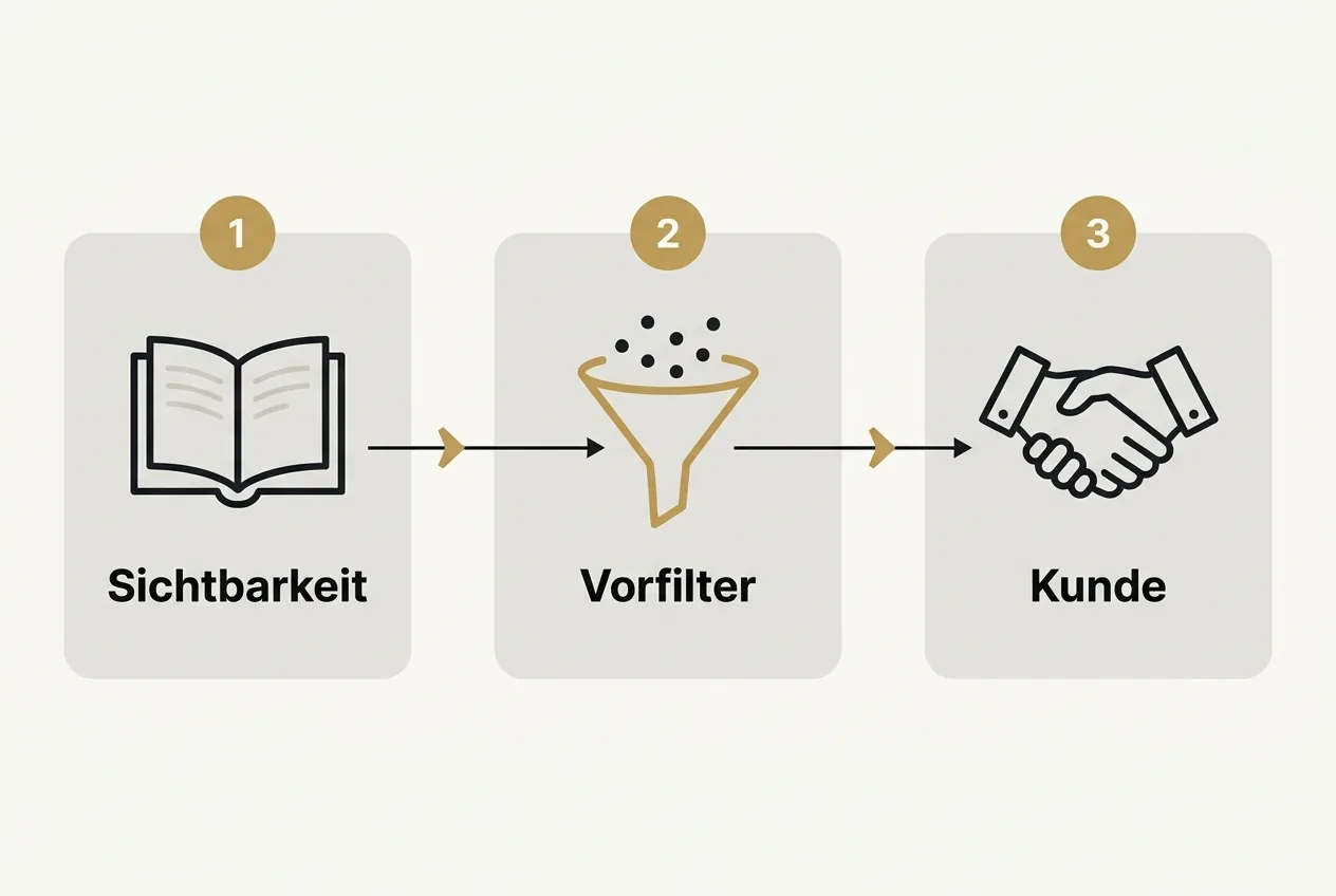 Flaches Vektor-Ablaufdiagramm in drei Phasen von Sichtbarkeit über Vorfilter zum Kunden mit goldenem Trichter