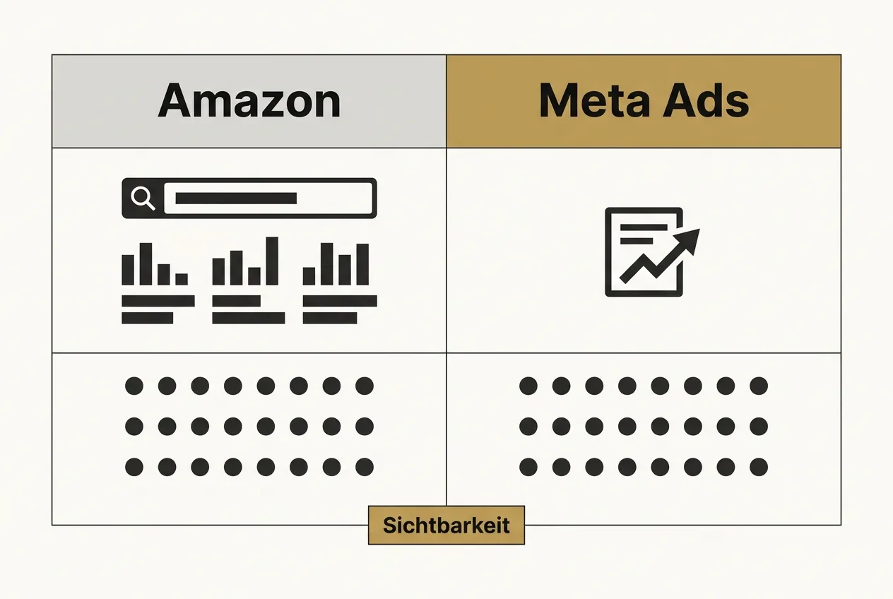 Flaches Vektor-Vergleichsraster mit zwei Spalten Amazon und Meta Ads als Sichtbarkeitskanäle für Bücher