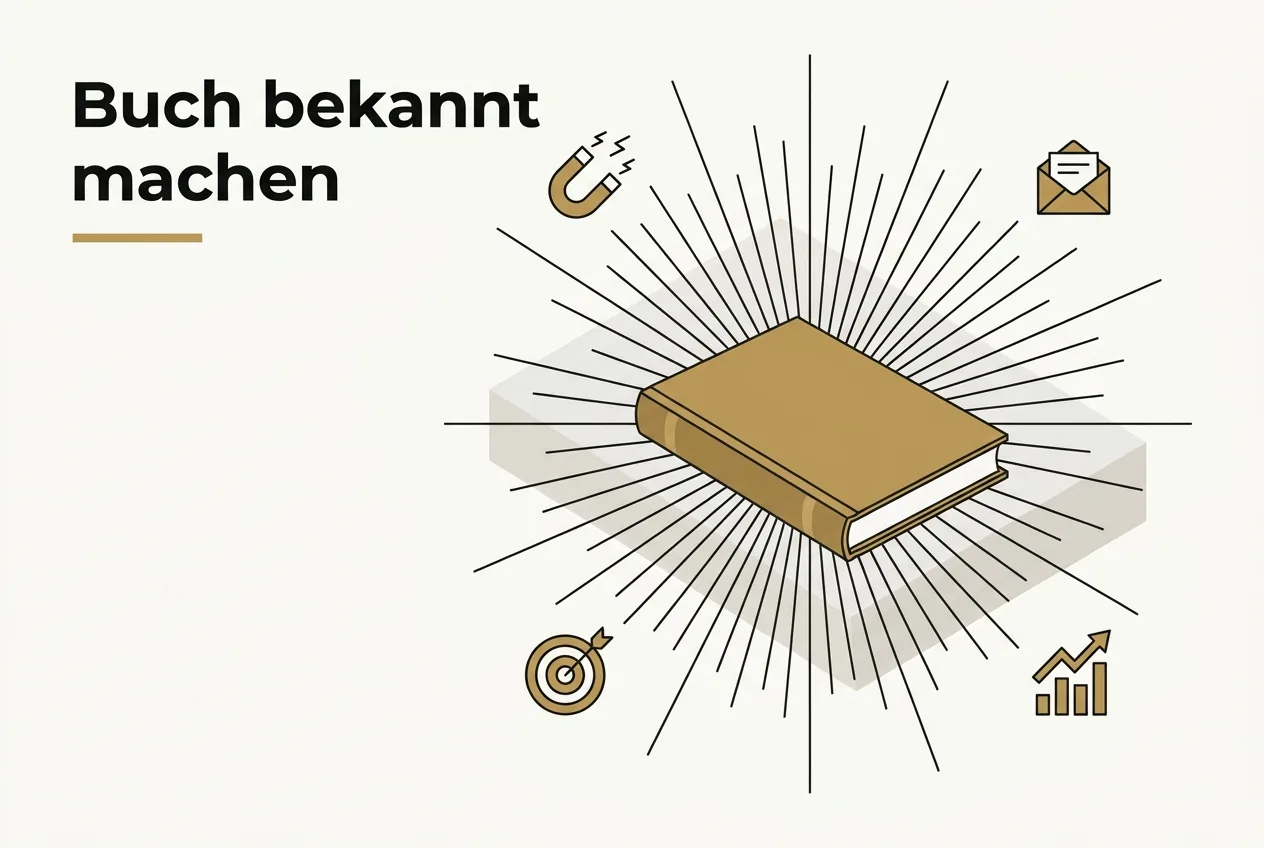 Flache Vektorgrafik eines goldenen Buchs, aus dem Marketing-Symbole wie Magnet und Zielscheibe strahlen, mit dem Titel Buch bekannt machen