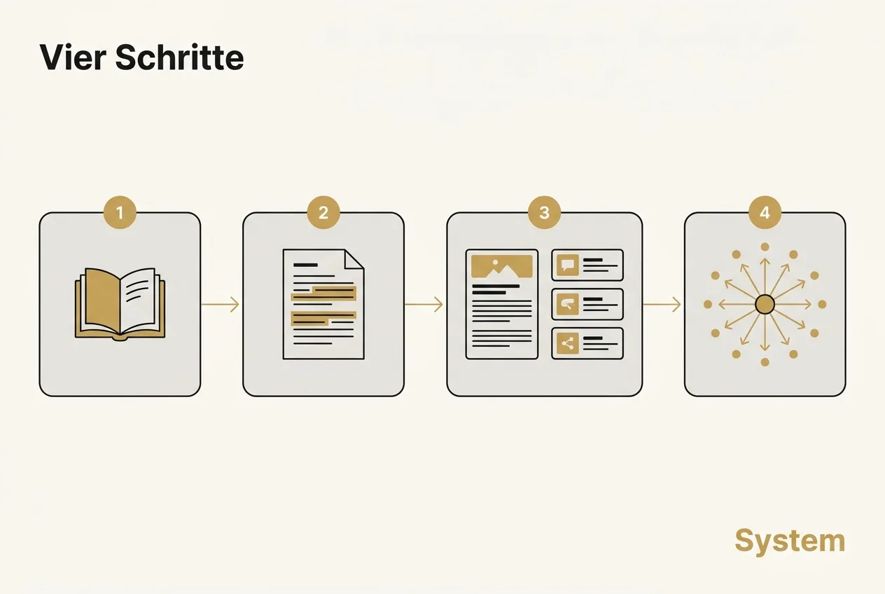 Flat-Vektor-Prozessgrafik mit vier Schritten vom Buch über Extraktion und Aufteilung bis zur Verteilung als Blog und Social Posts