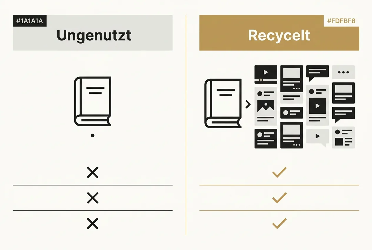 Flat-Vektor-Vergleichsgrafik zwischen einem ungenutzten Buch im Regal und einem recycelten Buch als vielfältiges Content-Raster