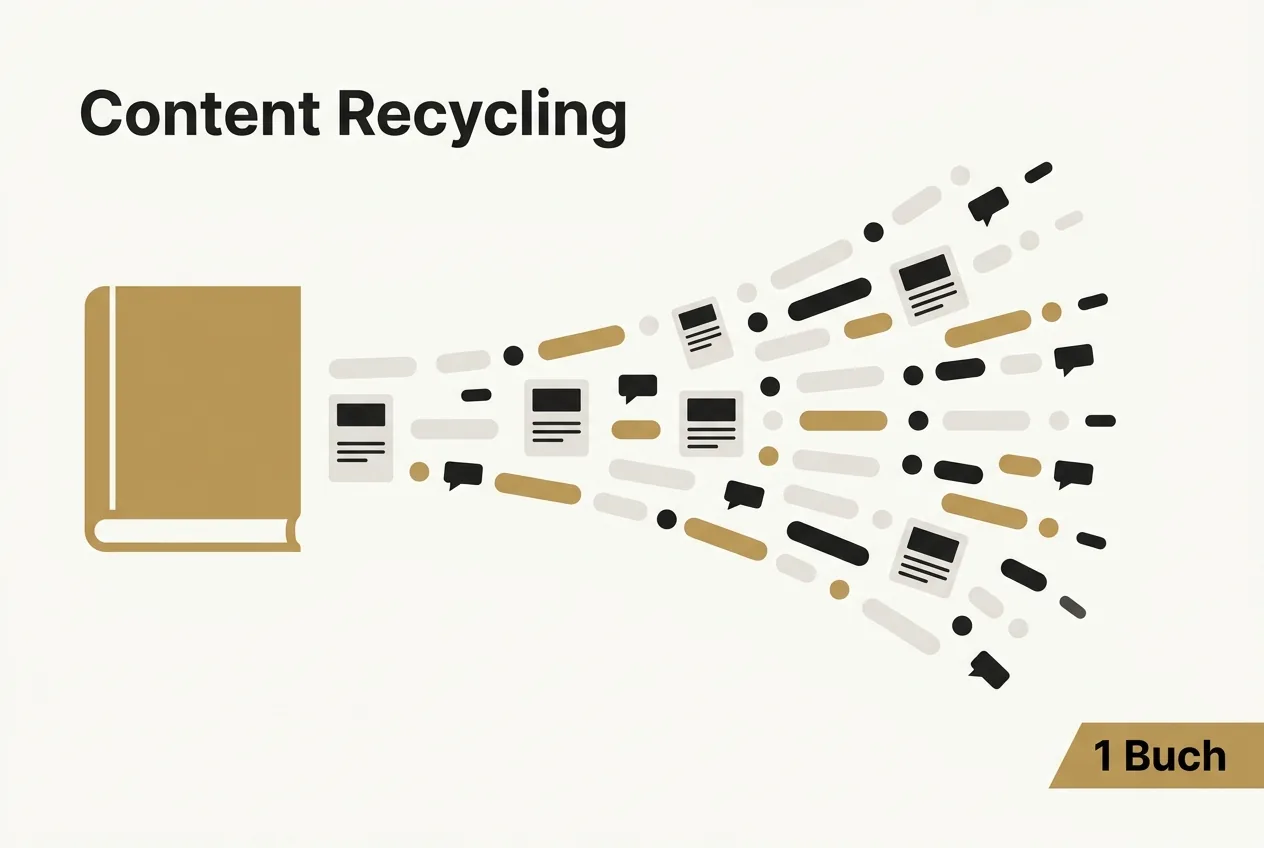 Flat-Vektor-Illustration eines goldenen Buches, aus dem sich viele Content-Bausteine fächern, mit dem Schriftzug Content Recycling
