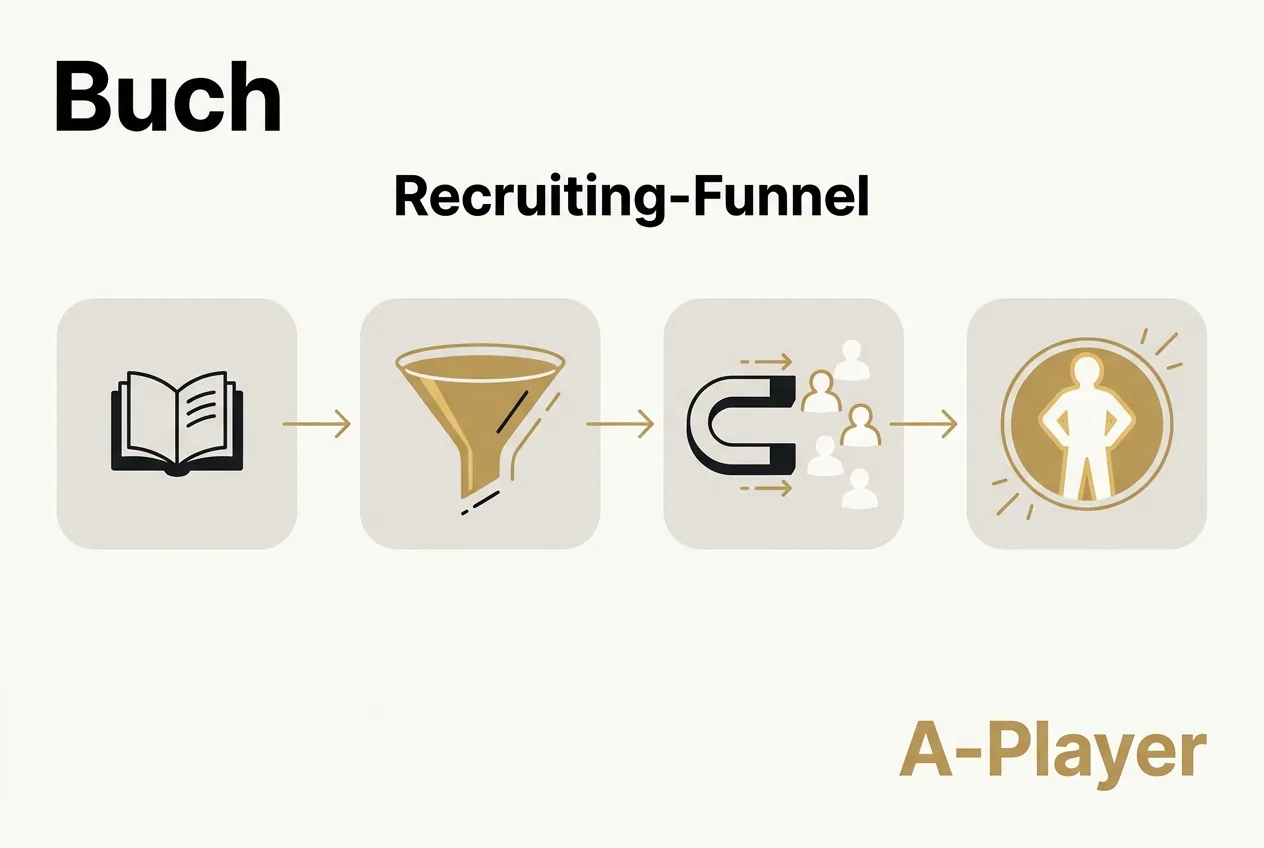Ablaufdiagramm zeigt den Weg vom Unternehmerbuch über einen Funnel und Magnet-Effekt bis zum qualifizierten A-Player-Kandidaten