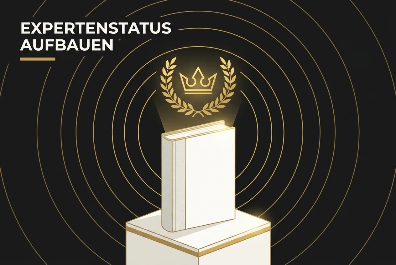 Editoriale Vektorgrafik eines aufrechten Buches mit goldener Krone als Symbol für aufgebauten Expertenstatus, Schriftzug Expertenstatus aufbauen