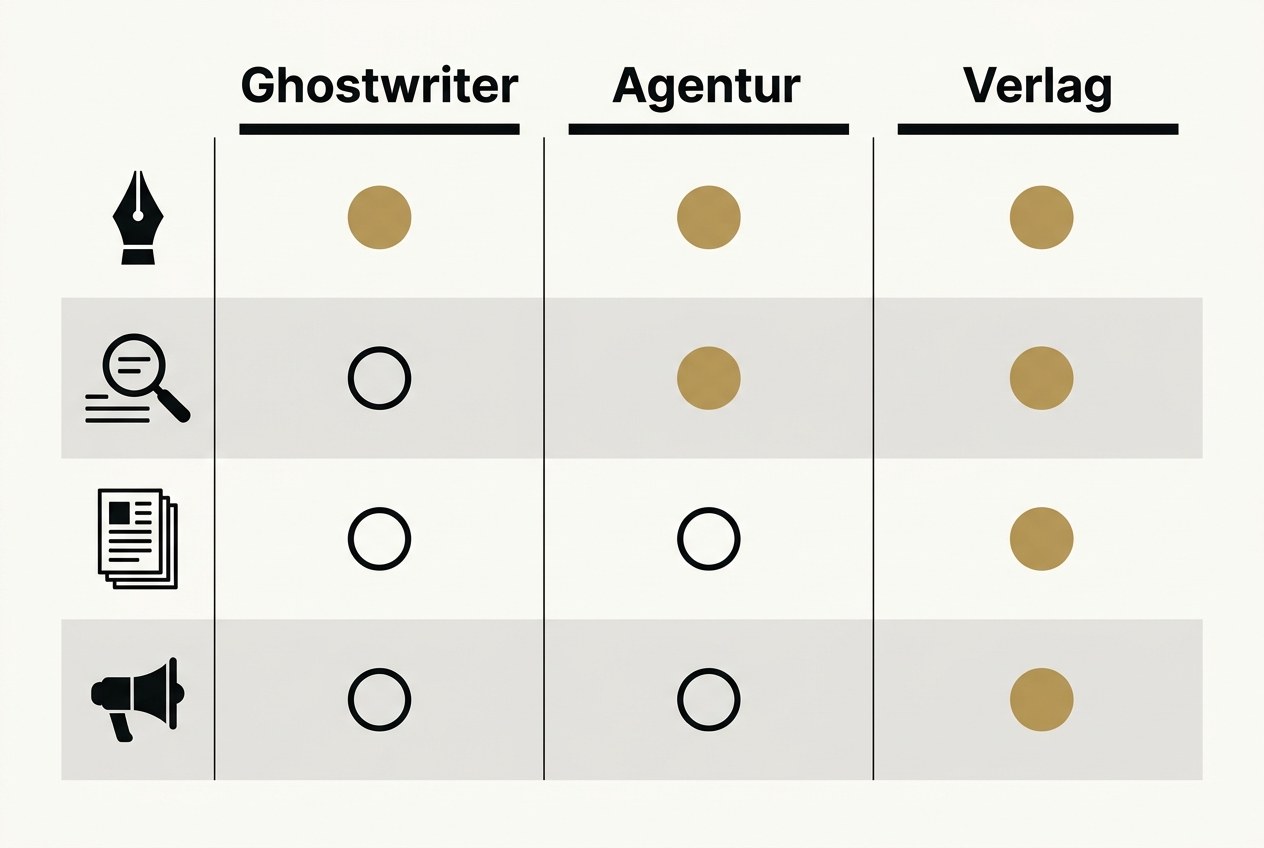 Raster mit drei Spalten für Ghostwriter, Agentur und Verlag und vier Zeilen für Schreiben, Lektorat, Herstellung und Vermarktung; goldene Punkte zeigen, welcher Schritt im jeweiligen Modell abgedeckt ist.
