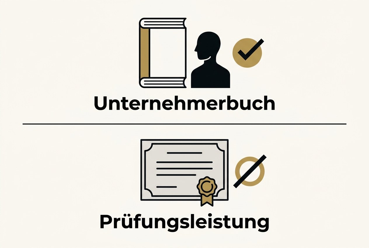 Eine waagerechte Linie teilt das Bild: oben ein Buch mit Personensilhouette und goldenem Haken für das Unternehmerbuch, unten eine Urkunde mit Siegel und durchgestrichenem goldenen Kreis für die Prüfungsleistung.