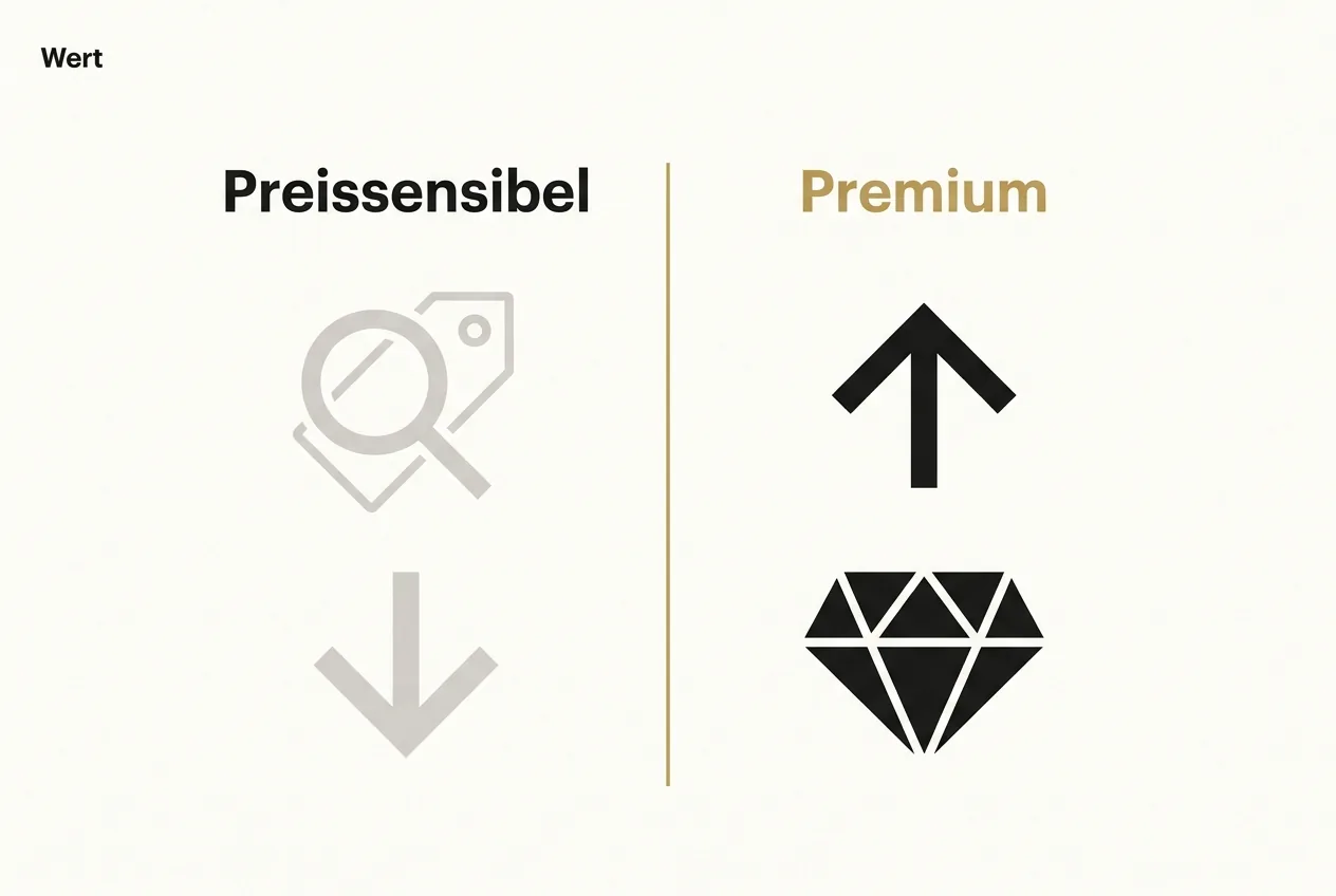 Vergleichsraster zweier Spalten: preissensible Käufer mit Lupe und Preisschild versus Premium-Käufer mit Aufwärtspfeil und Diamant