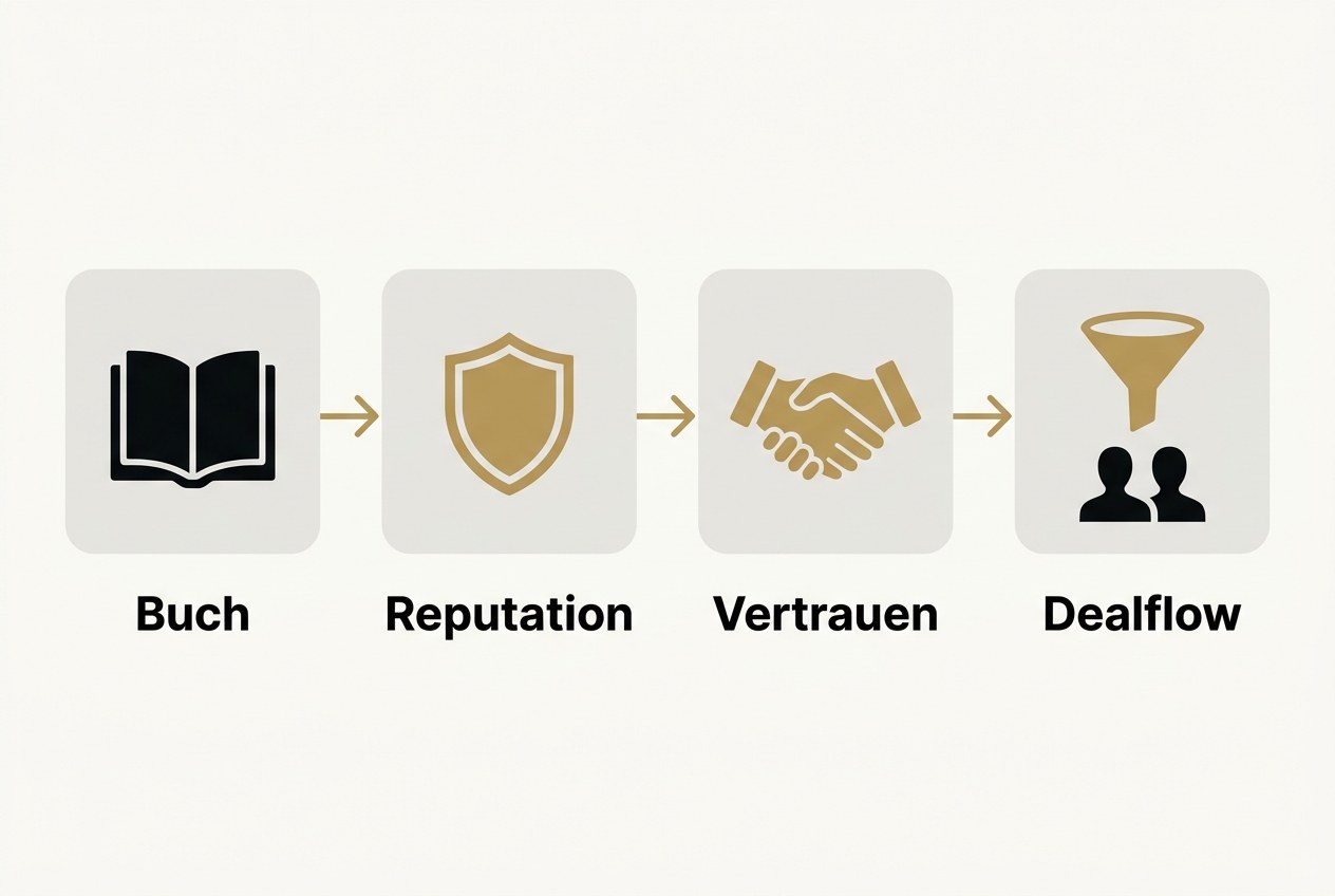 Schaubild Vertrauenshebel: vom Buch über Reputation zum qualifizierten Investoren-Dealflow