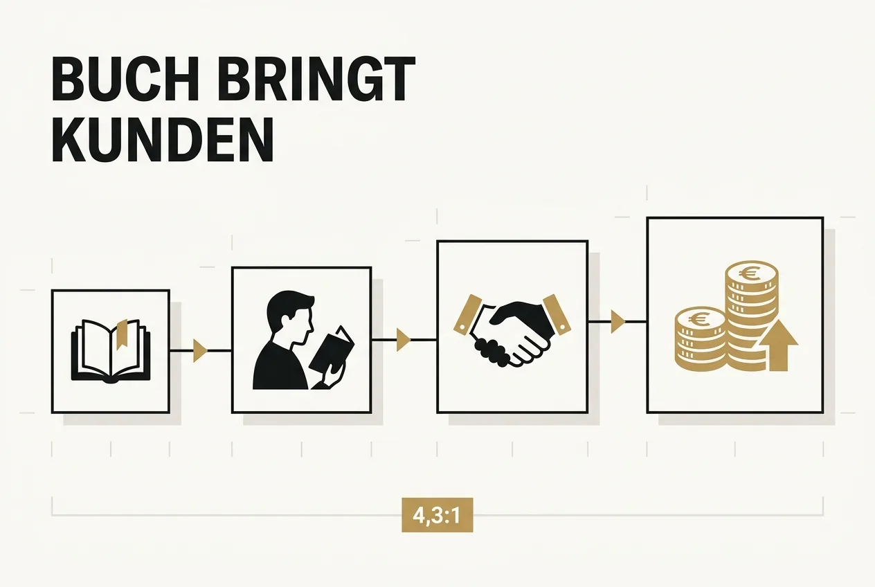 Ablaufgrafik vom Buch über den Leser und den Handschlag bis zum wachsenden Umsatz