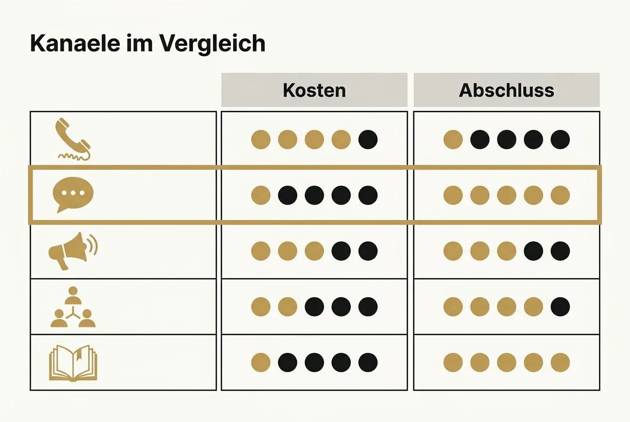 Flache Vektor-Vergleichstabelle der fünf Akquisekanäle für Berater mit Bewertung von Kosten und Abschlussquote in Gold und Obsidian.