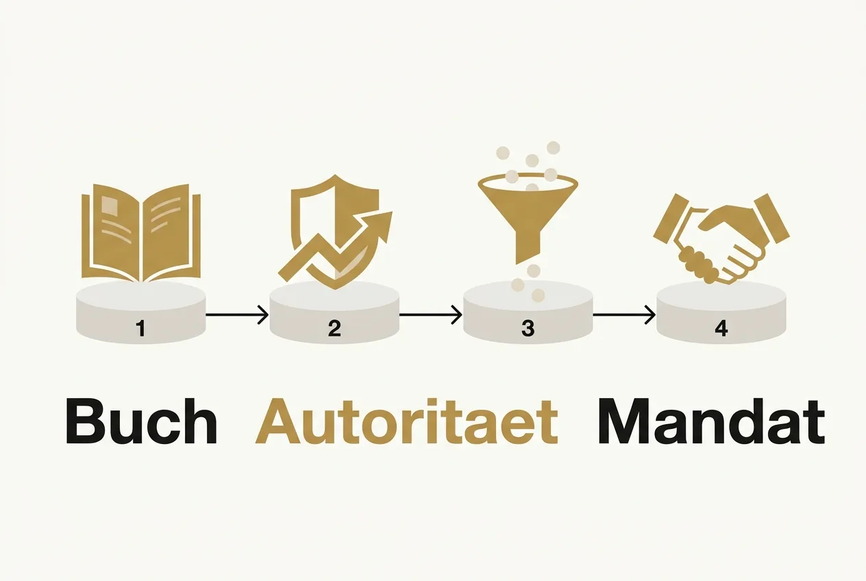 Flaches Vektor-Prozessdiagramm in vier Schritten vom Buch über Autorität und Funnel bis zum abgeschlossenen Mandat als planbarer Neukunden-Kanal.