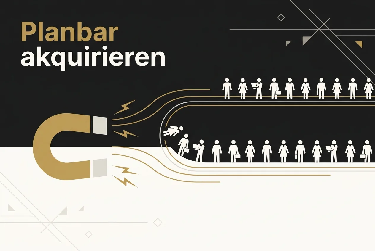 Flache Vektorgrafik eines goldenen Magneten, der eine geordnete Reihe von Kunden-Symbolen anzieht, als Sinnbild für planbare Neukundengewinnung als Berater.