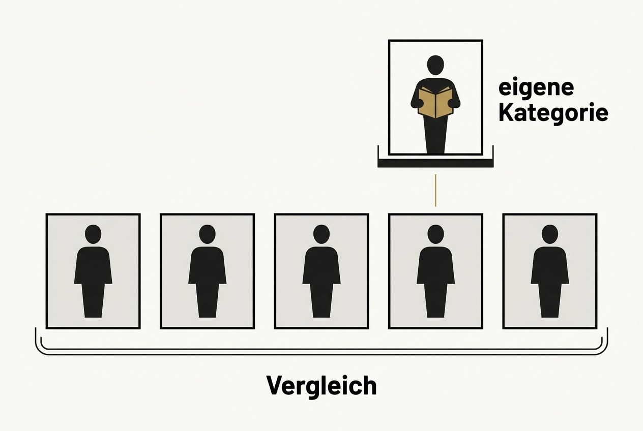 Fünf gleiche graue Anbieterfelder in einer Reihe unter einer Klammer, darüber eine einzelne Silhouette mit goldenem Buch auf einer eigenen Ebene außerhalb der Reihe.