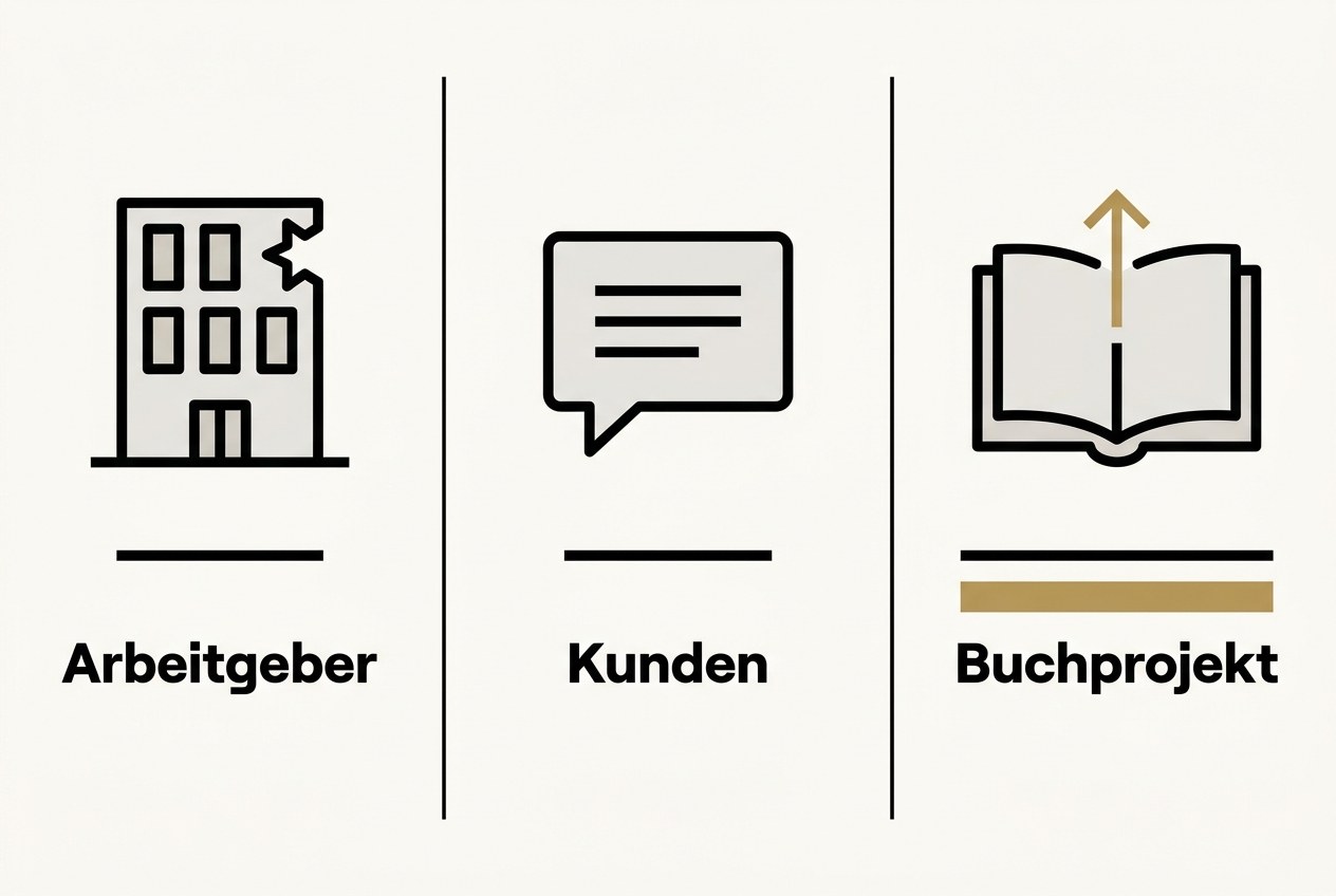 Drei Felder nebeneinander: ein Bürogebäude für Arbeitgeberbewertungen, eine Sprechblase für Kundenbewertungen und ein aufgeschlagenes Buch mit Aufwärtspfeil für das eigene Buchprojekt, das als einziges golden unterstrichen ist.