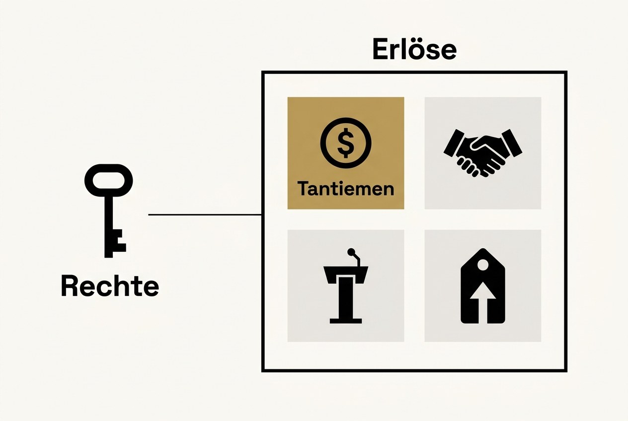Links ein Schlüssel für die Rechte, rechts ein großes Feld für die Erlöse, in dem ein goldenes Quadrat für die Tantiemen neben drei weiteren Feldern für Aufträge, Vorträge und höhere Preise liegt.