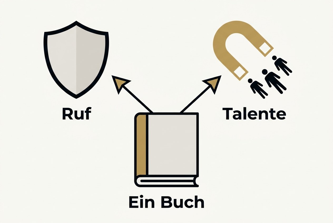 Ein Buch in der Bildmitte, von dem zwei Pfeile ausgehen: der linke führt zu einem Schutzschild, der rechte zu einem Magneten, der drei Personensilhouetten anzieht.