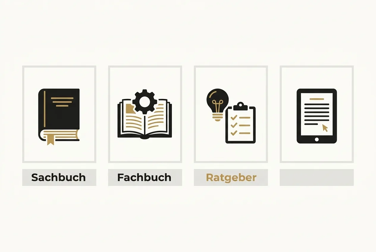 Vergleichsraster mit vier flachen Karten und Symbolen für die Buchformate Sachbuch, Fachbuch, Ratgeber und E-Book in Markenfarben