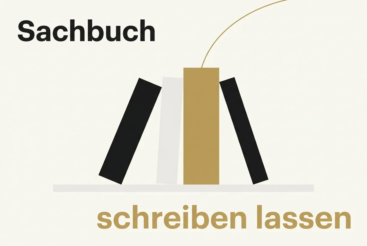 Flache Vektorillustration von vier nebeneinander aufgefächerten Buchrücken auf Elfenbein, ein Rücken in Markengold hervorgehoben, mit dem Schriftzug Sachbuch schreiben lassen