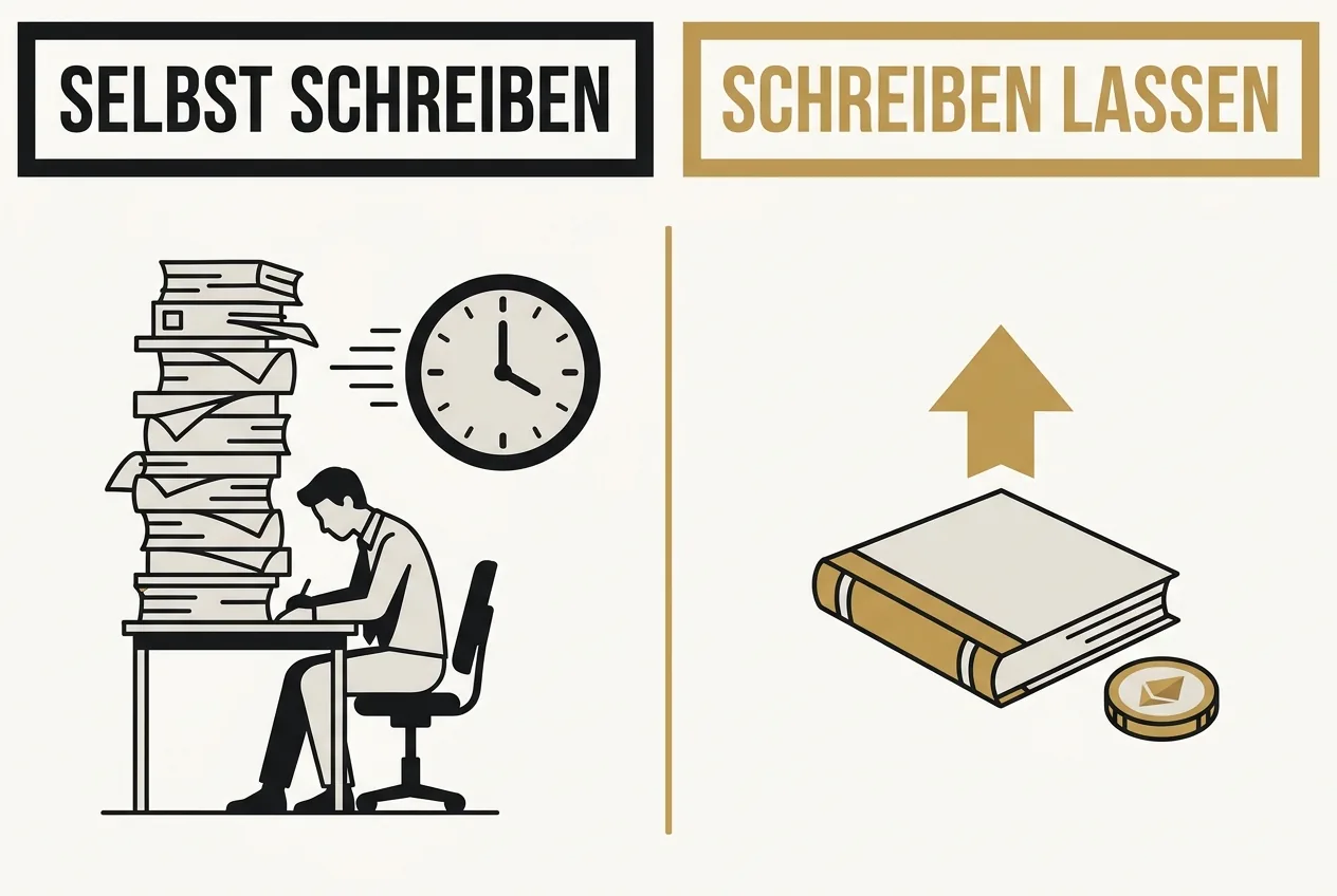 Zweispaltige Vergleichsgrafik: links selbst schreiben mit Papierstapel und Uhr, rechts schreiben lassen mit fertigem Buch und Wertsymbol