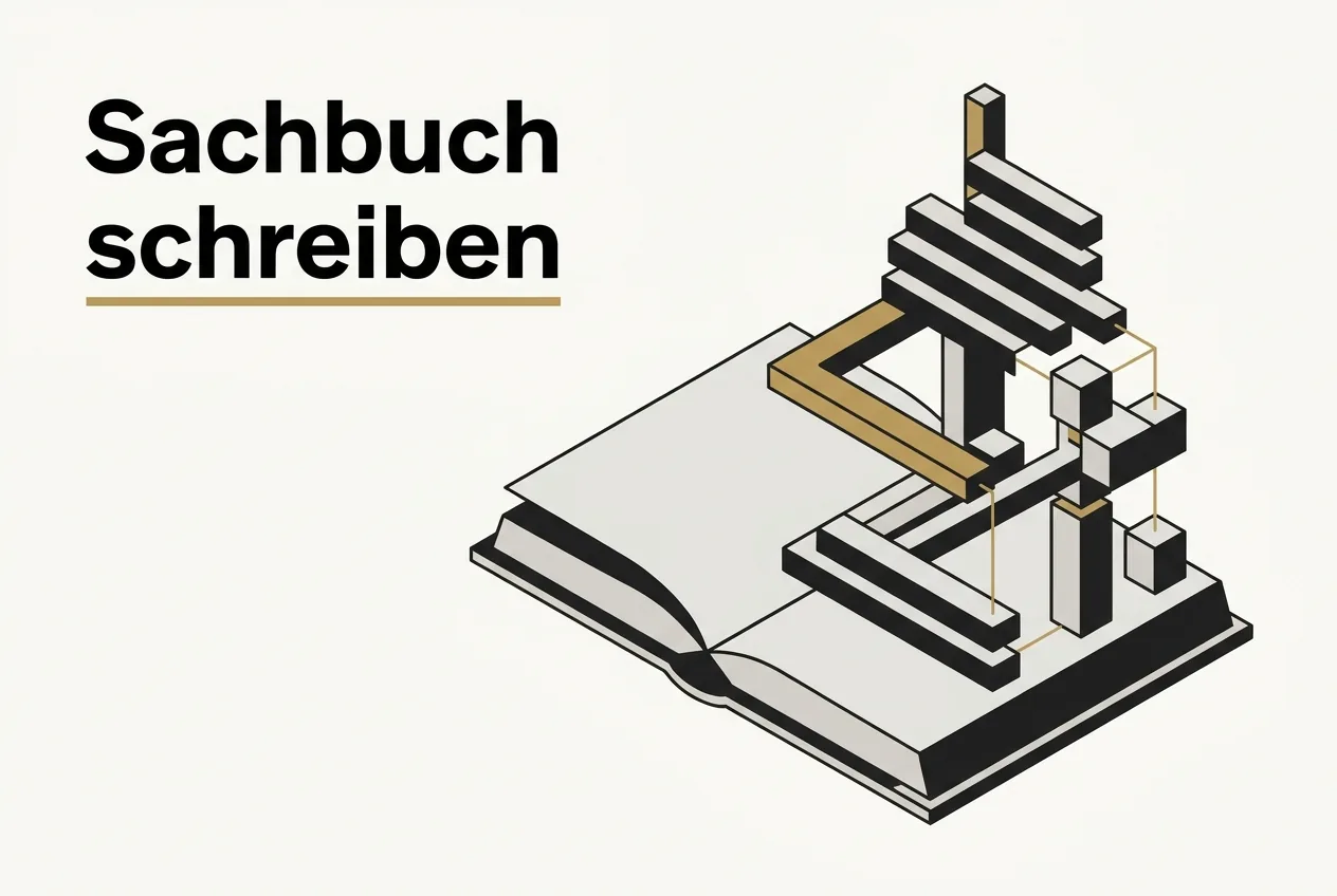 Editoriale Vektorgrafik: ein aufgeschlagenes Buch, dessen Seiten sich in ein strukturiertes Gerüst verwandeln, mit dem Schriftzug Sachbuch schreiben