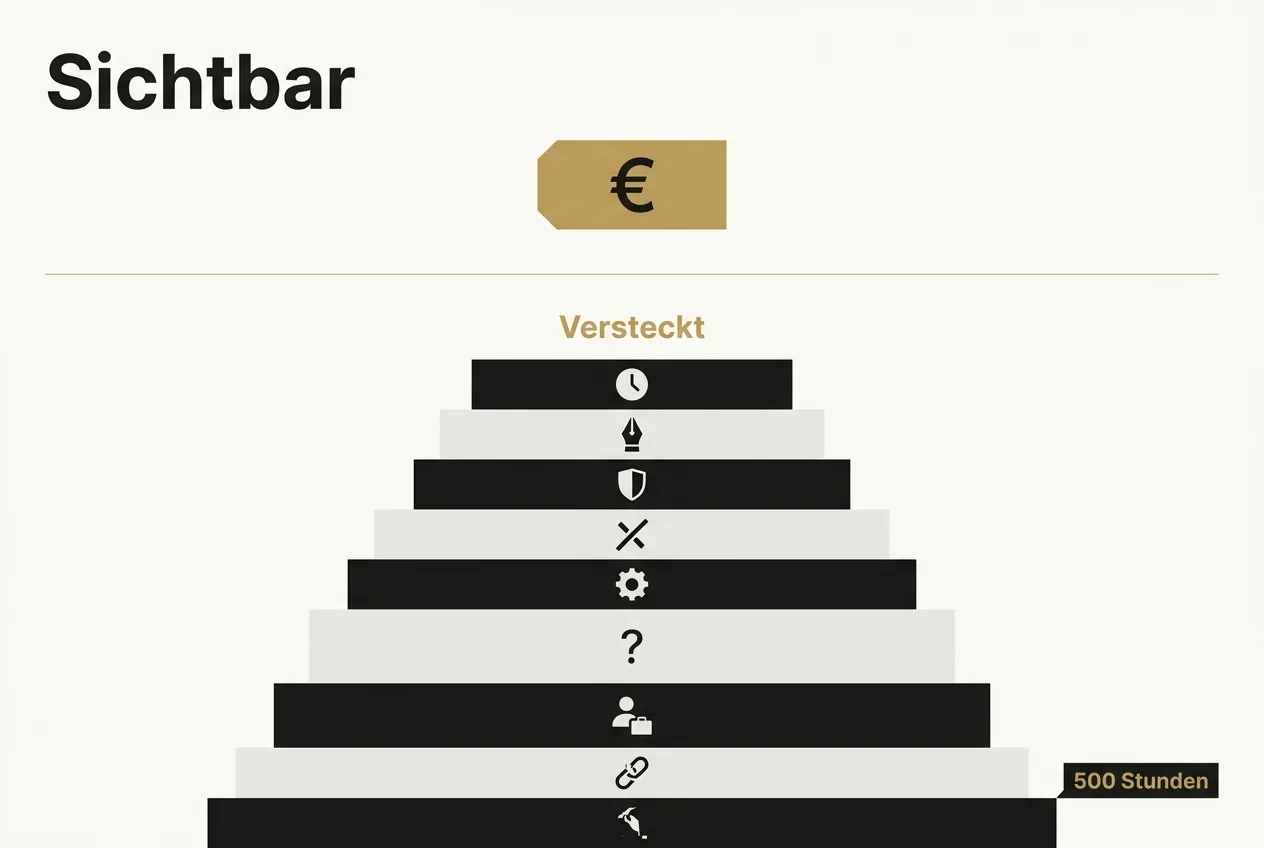 Vektor-Grafik, die sichtbare Kosten eines gold gefärbten Preisschilds den darunterliegenden verborgenen Kostenschichten wie Zeit, Lektorat und Cover gegenüberstellt.