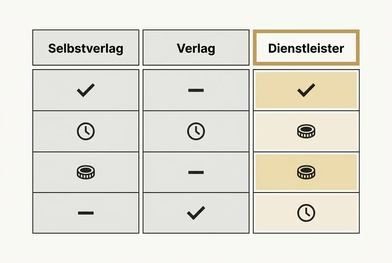 Vergleichsraster mit drei Spalten Selbstverlag, Verlag und Verlagsdienstleister, wobei die Dienstleister-Spalte mit einer goldenen Kante hervorgehoben ist.