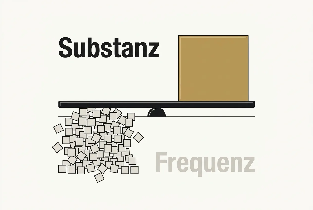 Vektorgrafik einer Waage: ein schwerer goldener Substanz-Block überwiegt viele kleine graue Frequenz-Posts