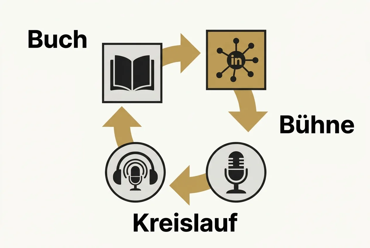 Vektorgrafik eines Kreislaufs mit goldenen Pfeilen zwischen Buch, LinkedIn, Bühne und Podcast