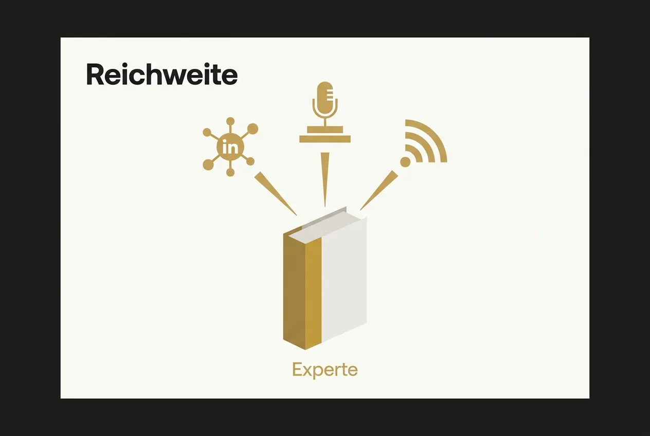 Editoriale Vektorgrafik: ein Buch als Fundament, aus dem drei goldene Strahlen zu LinkedIn, Bühne und Reichweite führen